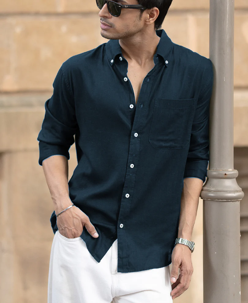 Airforce Blue Linen Blend Shirt - Image 2