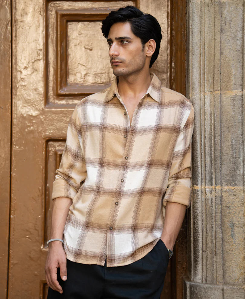 Beige Checks Shirt 100% Cotton - Image 2