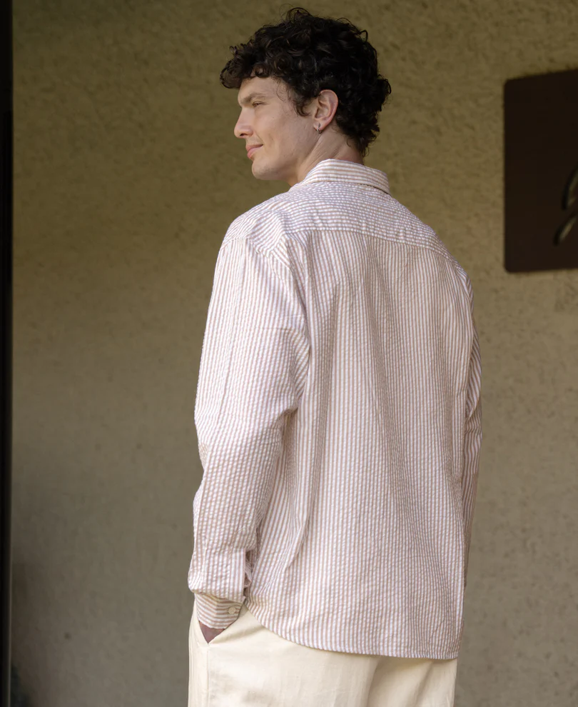 Beige Seersucker Printed Stripe Shirt - Image 5