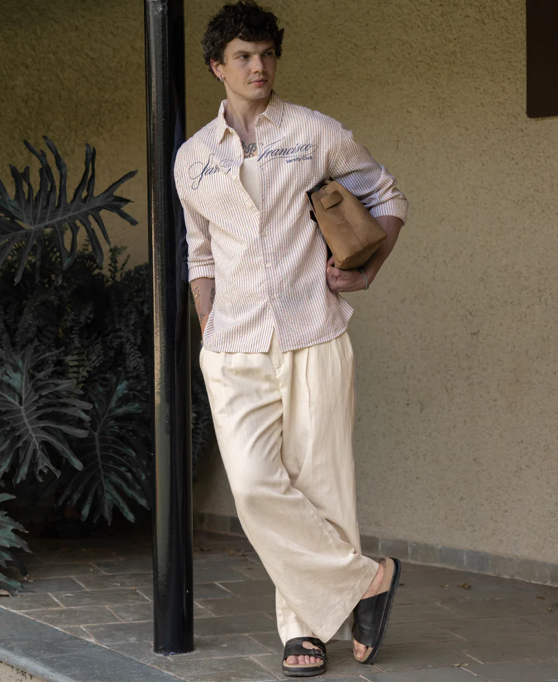Beige Seersucker Printed Stripe Shirt - Image 6