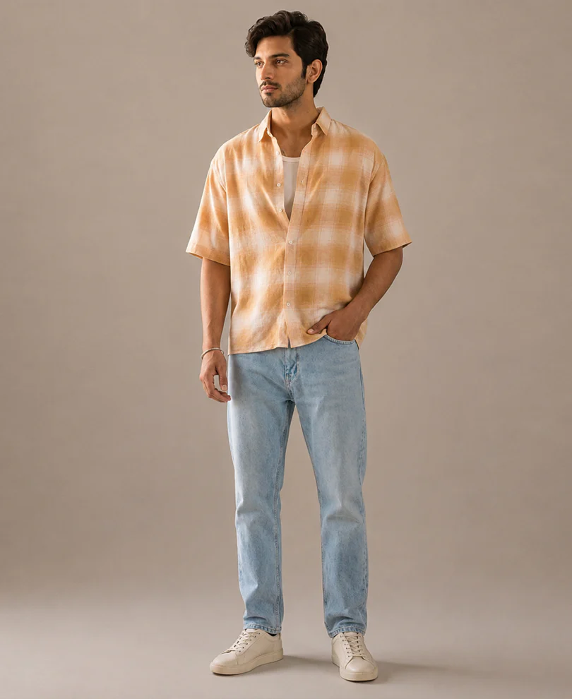 Beige Structured Checks Shirt - Image 6