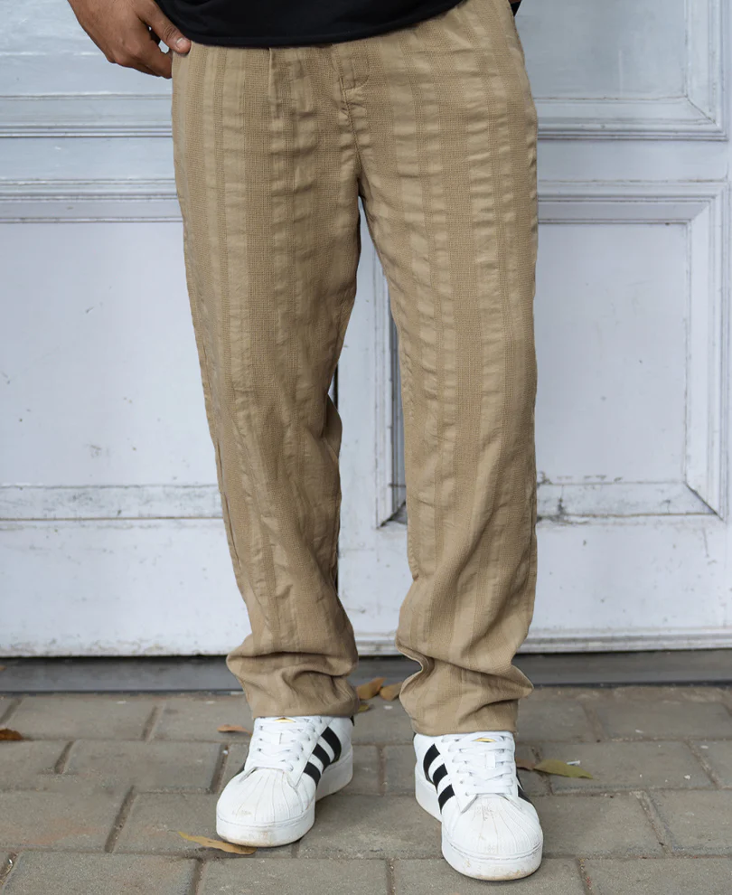 Beige Structured Pleated Cotton Trousers - Image 2