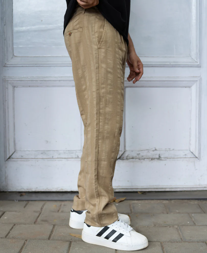 Beige Structured Pleated Cotton Trousers - Image 3