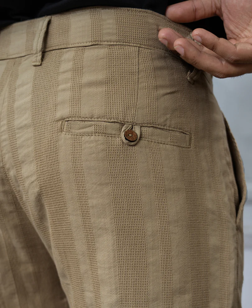 Beige Structured Pleated Cotton Trousers - Image 4