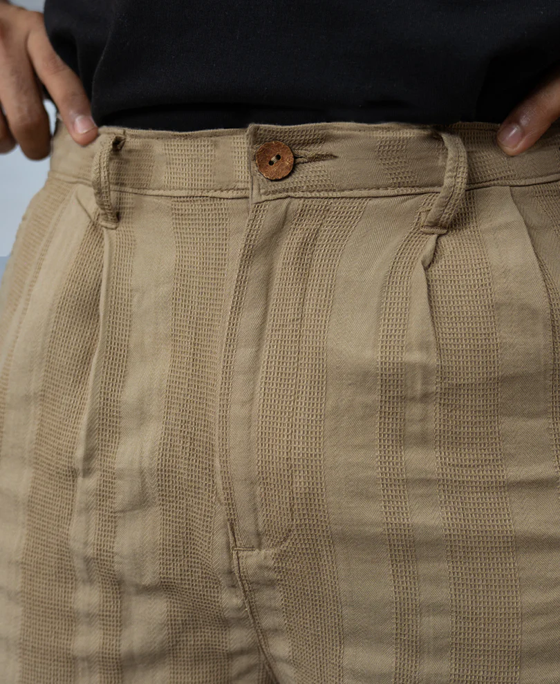Beige Structured Pleated Cotton Trousers - Image 5