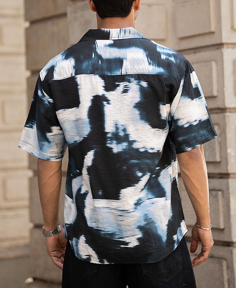 Black Abstract Cuban Printed Oversized Half Sleeves Shirt - Image 5