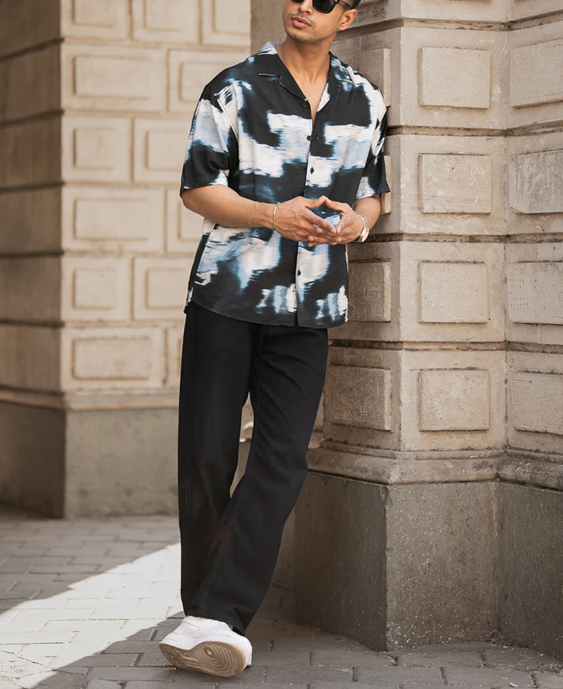 Black Abstract Cuban Printed Oversized Half Sleeves Shirt - Image 6