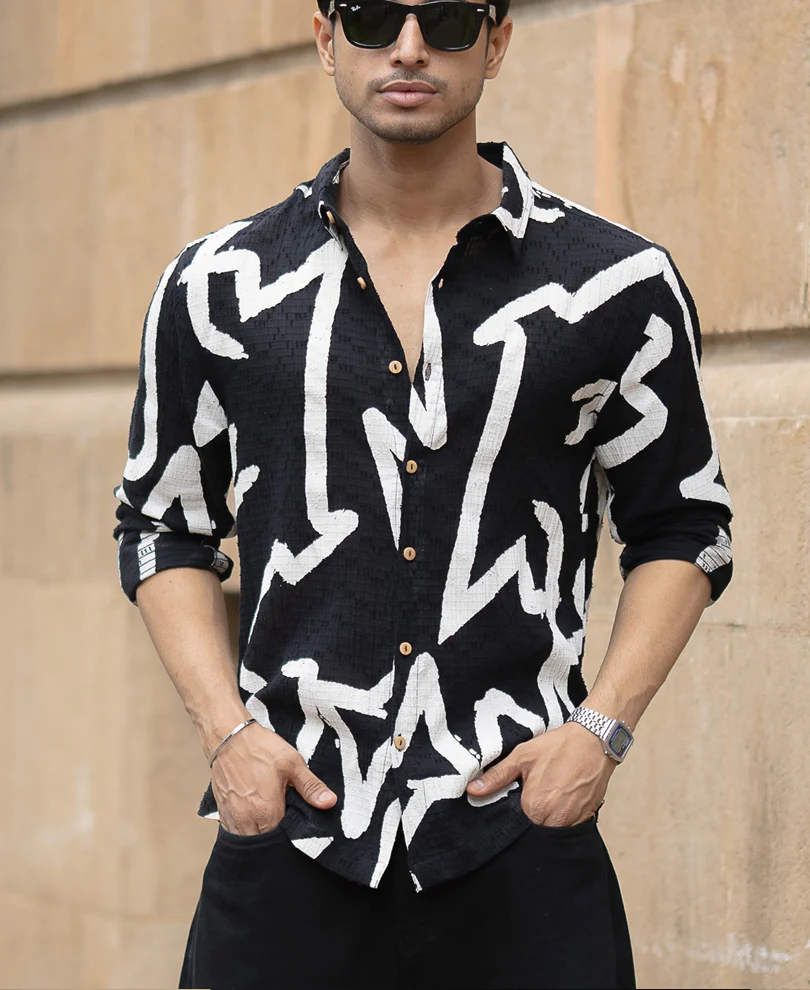 Black Abstract Line Print Shirt 100% Cotton