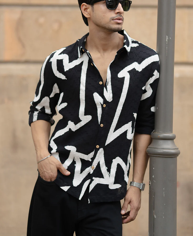 Black Abstract Line Print Shirt 100% Cotton - Image 2