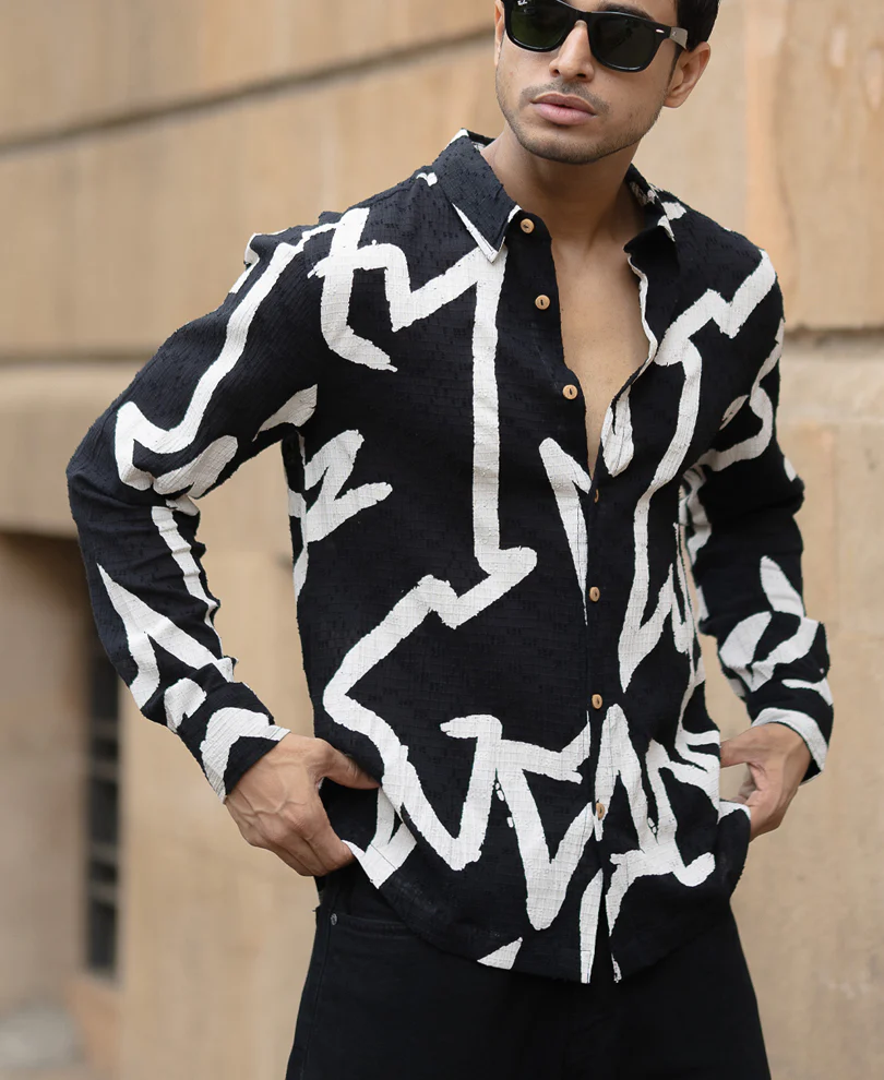 Black Abstract Line Print Shirt 100% Cotton - Image 3