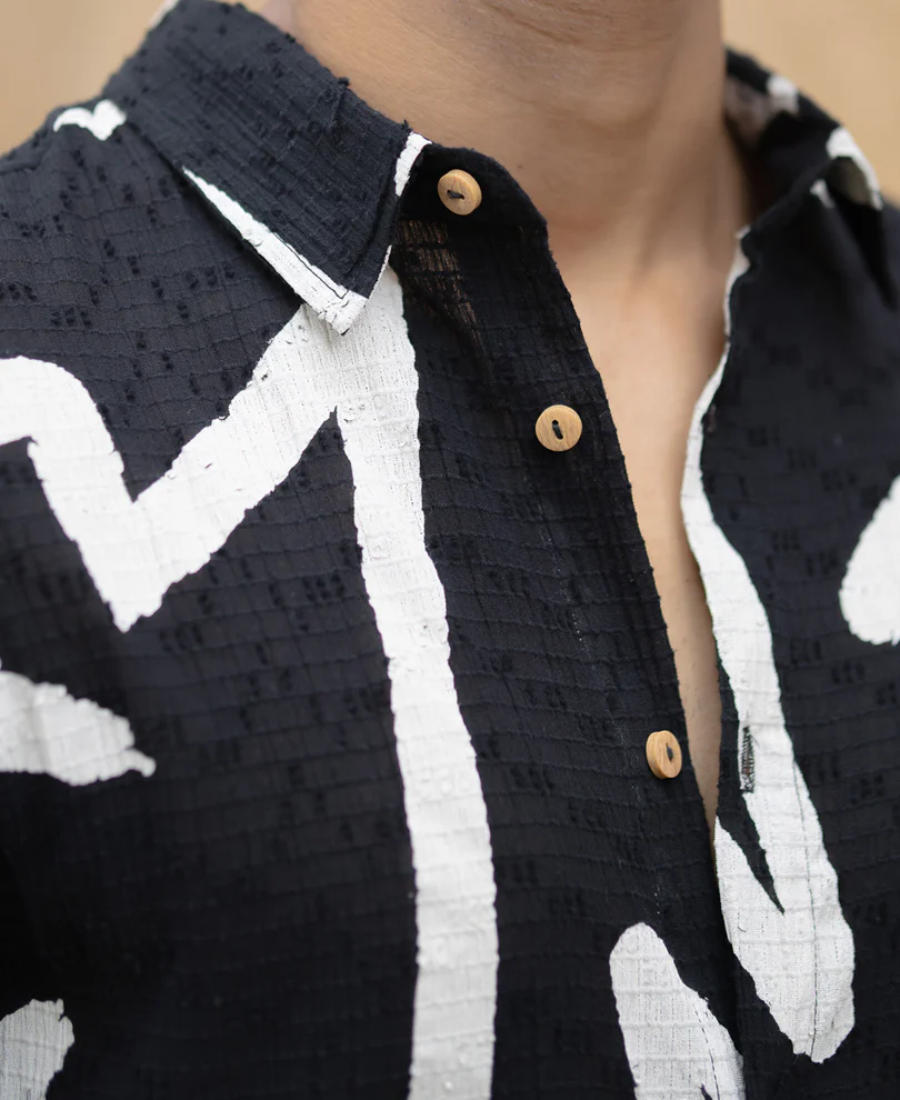 Black Abstract Line Print Shirt 100% Cotton - Image 4