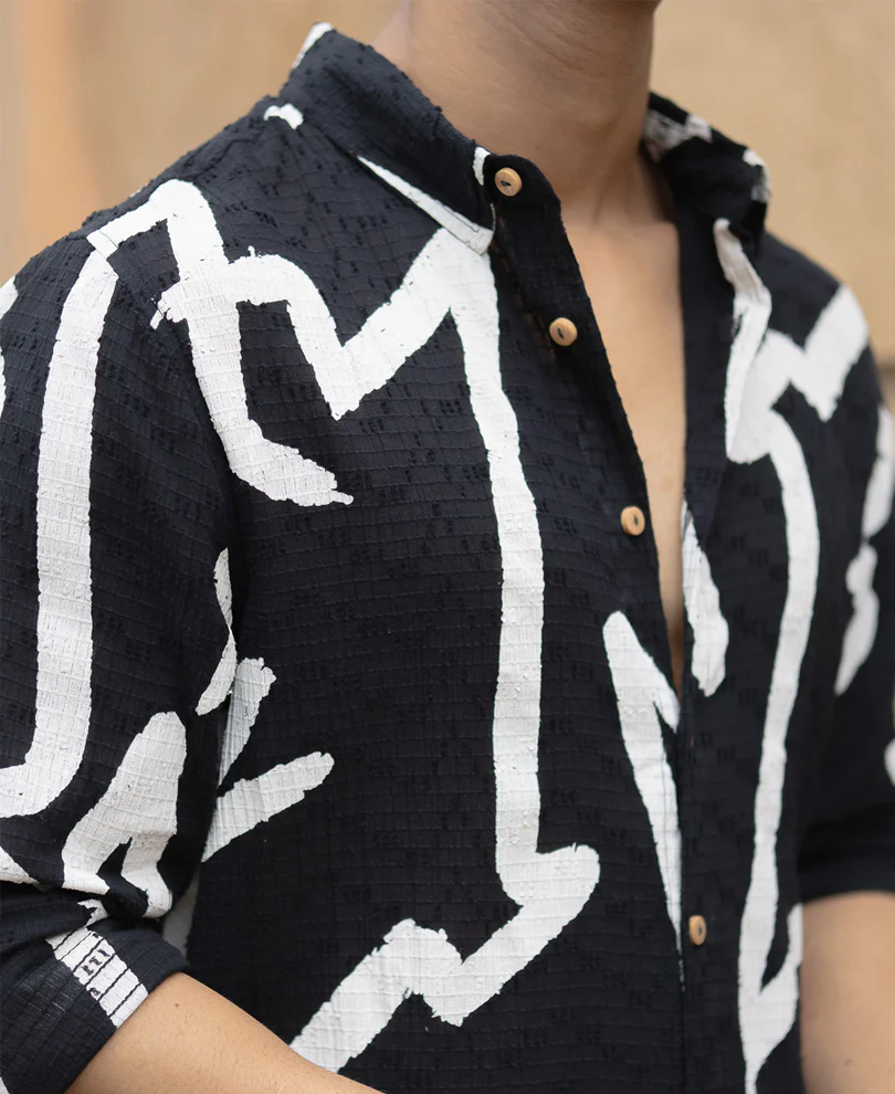 Black Abstract Line Print Shirt 100% Cotton - Image 5