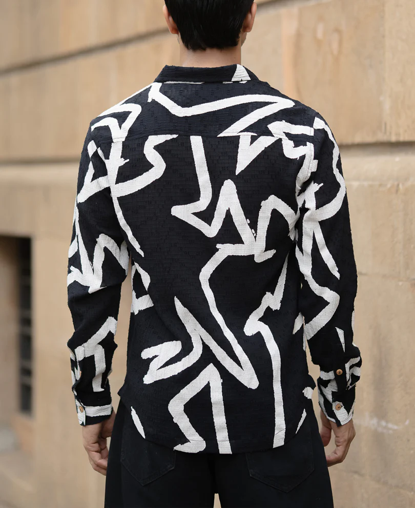 Black Abstract Line Print Shirt 100% Cotton - Image 6