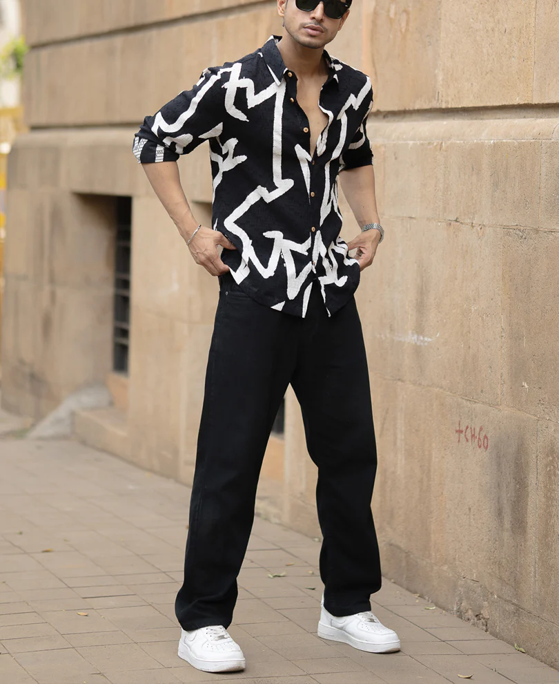 Black Abstract Line Print Shirt 100% Cotton - Image 7