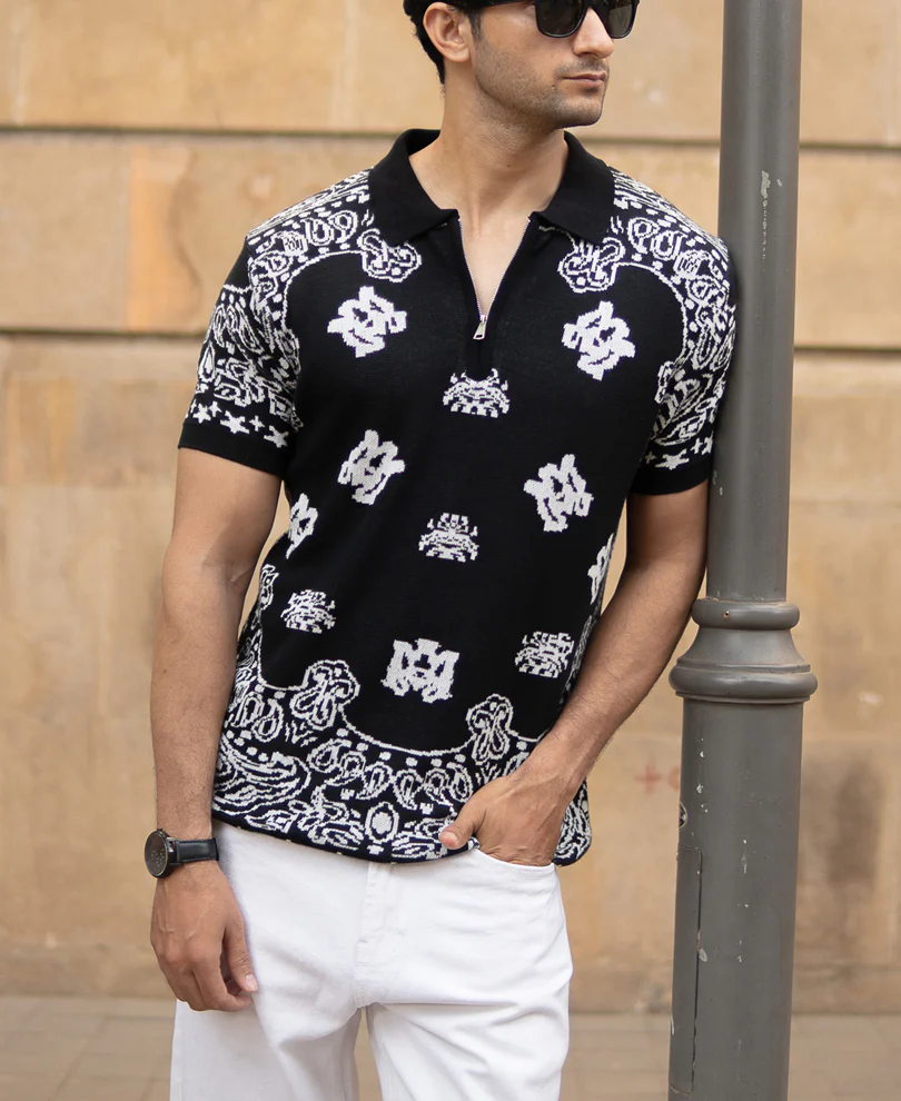 Black Bandana Knit Polo T-Shirt - Image 2