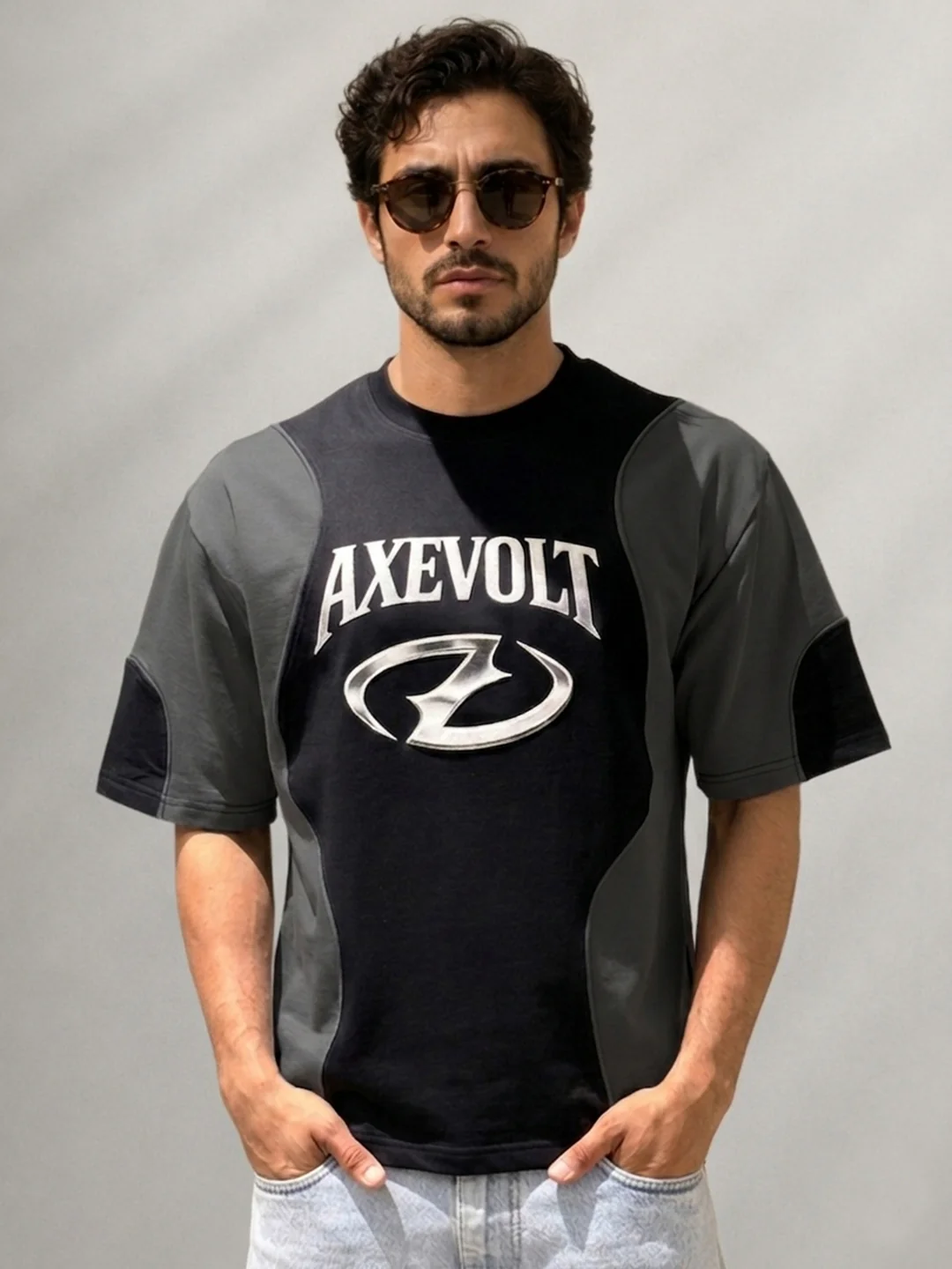 Black & Grey Graphic Panel T-Shirt 100% Cotton