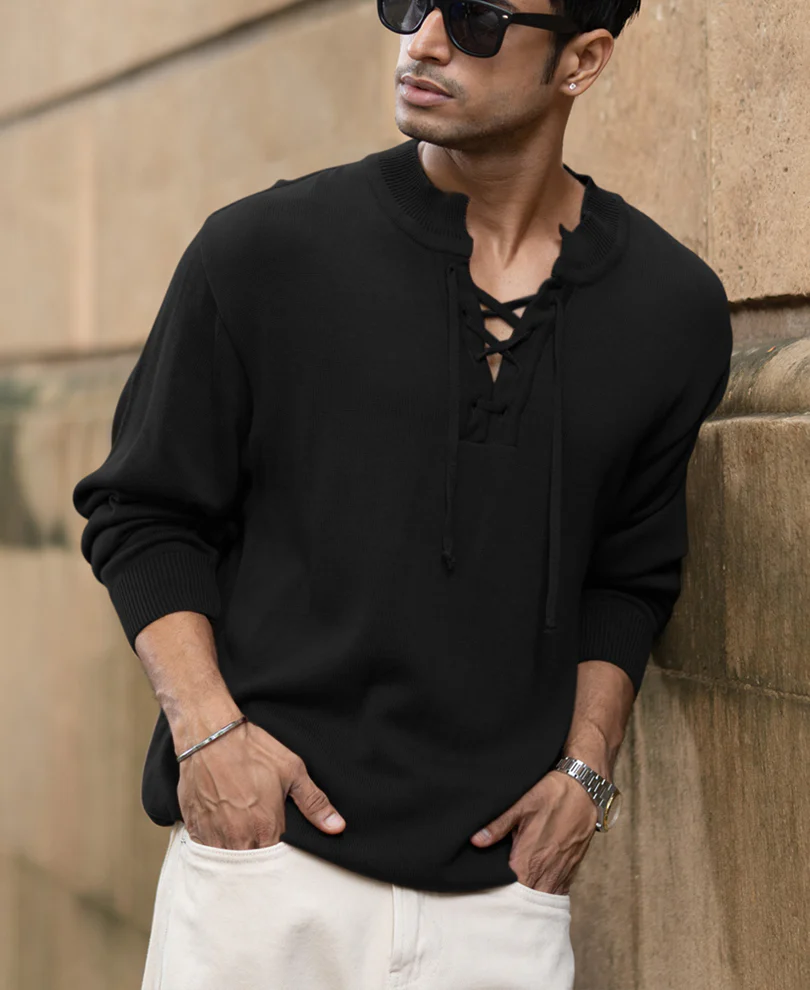 Black Knitted Henley Full Sleeves T-Shirt - Image 2
