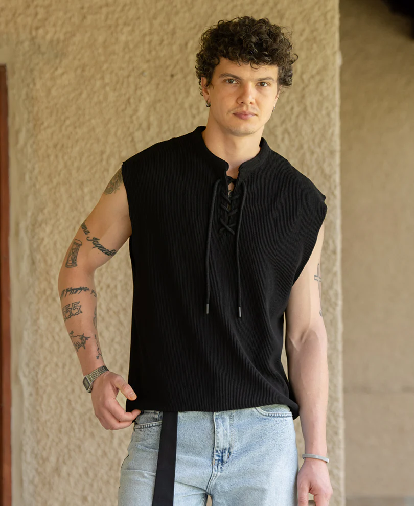 Black Knitted Henley Vest