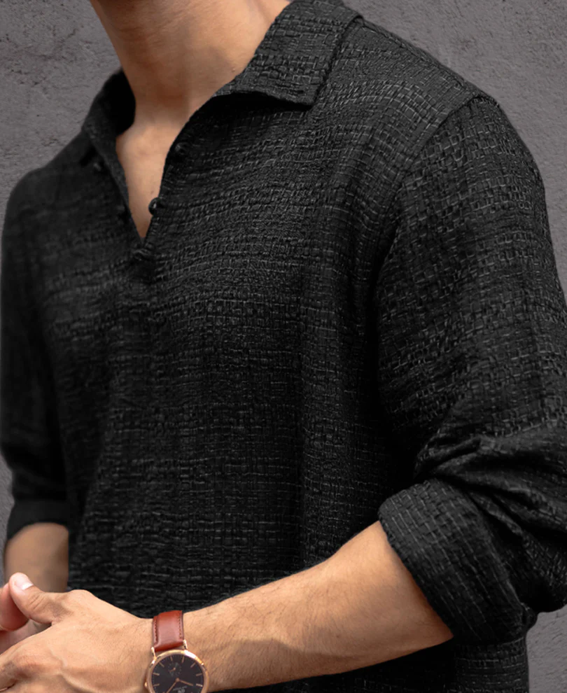 Black Kurta Style Regular Fit Full Sleeves Shirt - Image 3