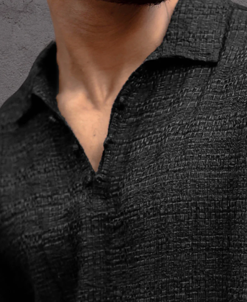Black Kurta Style Regular Fit Full Sleeves Shirt - Image 4
