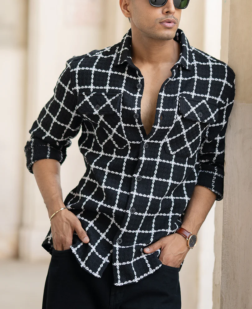 Black Structured Checks Shirt - Image 3