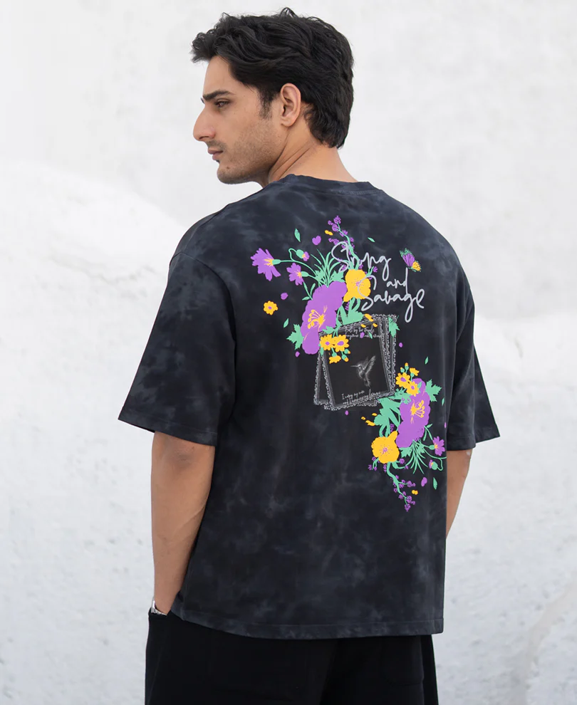 Black Washed Floral Print T-Shirt 100% Cotton - Image 6
