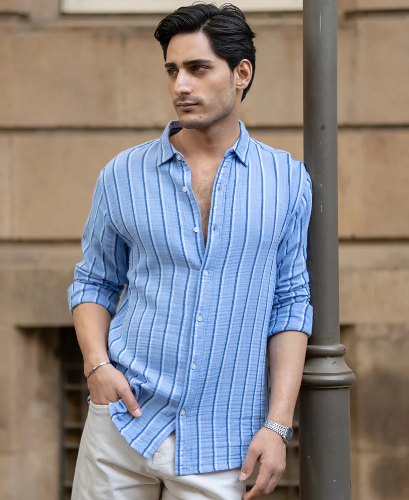 Blue Double Cloth Striped Shirt - Image 4