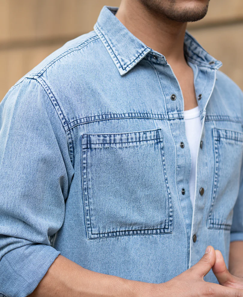 Blue Double Pocket Denim Shirt - Image 4