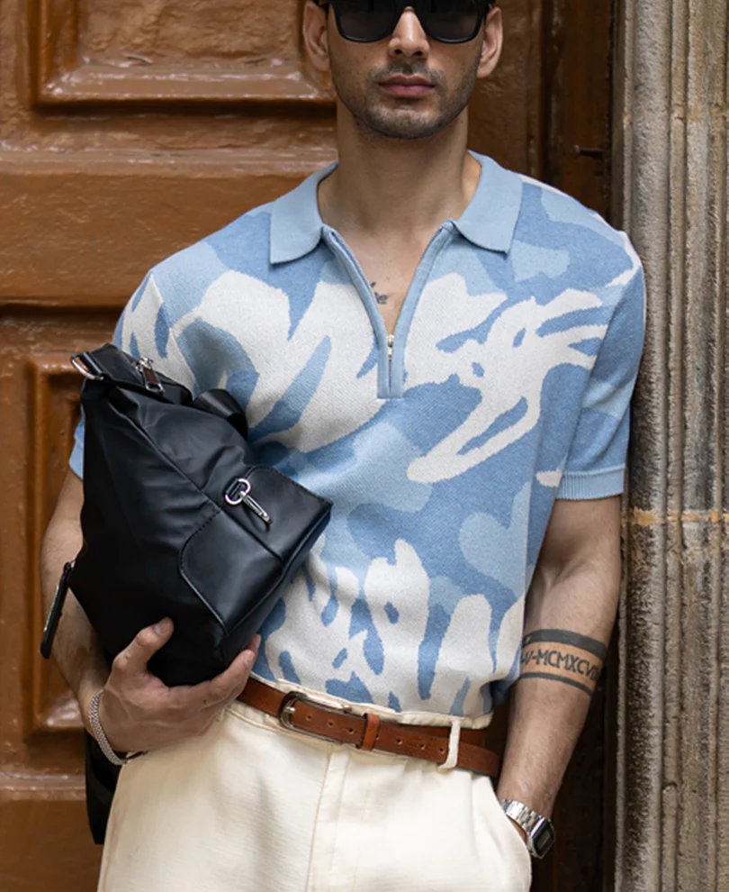 Blue Jacquard Knit T-Shirt 100% Cotton - Image 2