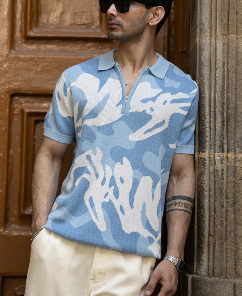 Blue Jacquard Knit T-Shirt 100% Cotton - Image 3
