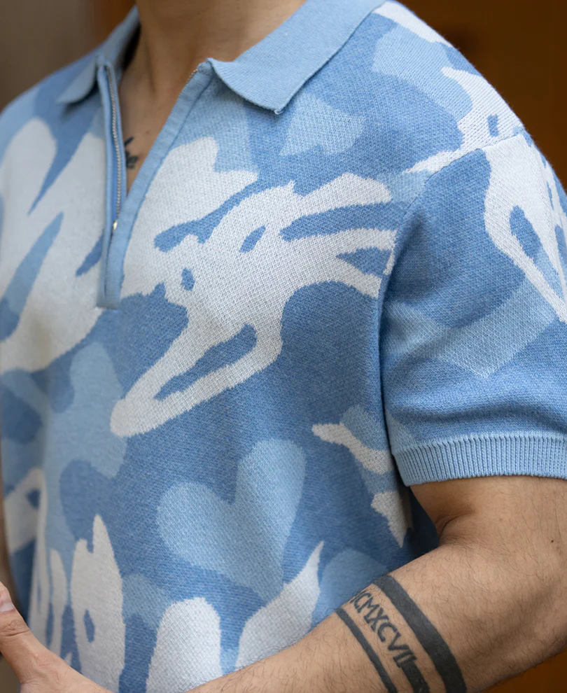 Blue Jacquard Knit T-Shirt 100% Cotton - Image 4