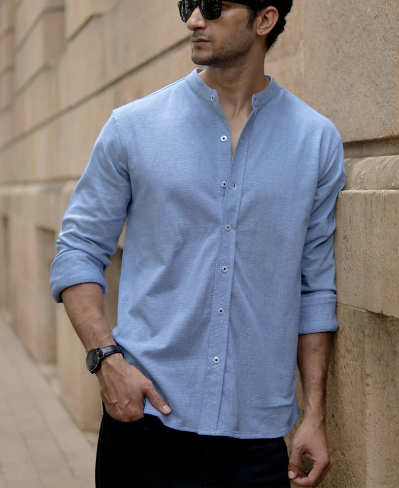 Blue Knitted Mandarin Collar Shirt - Image 2