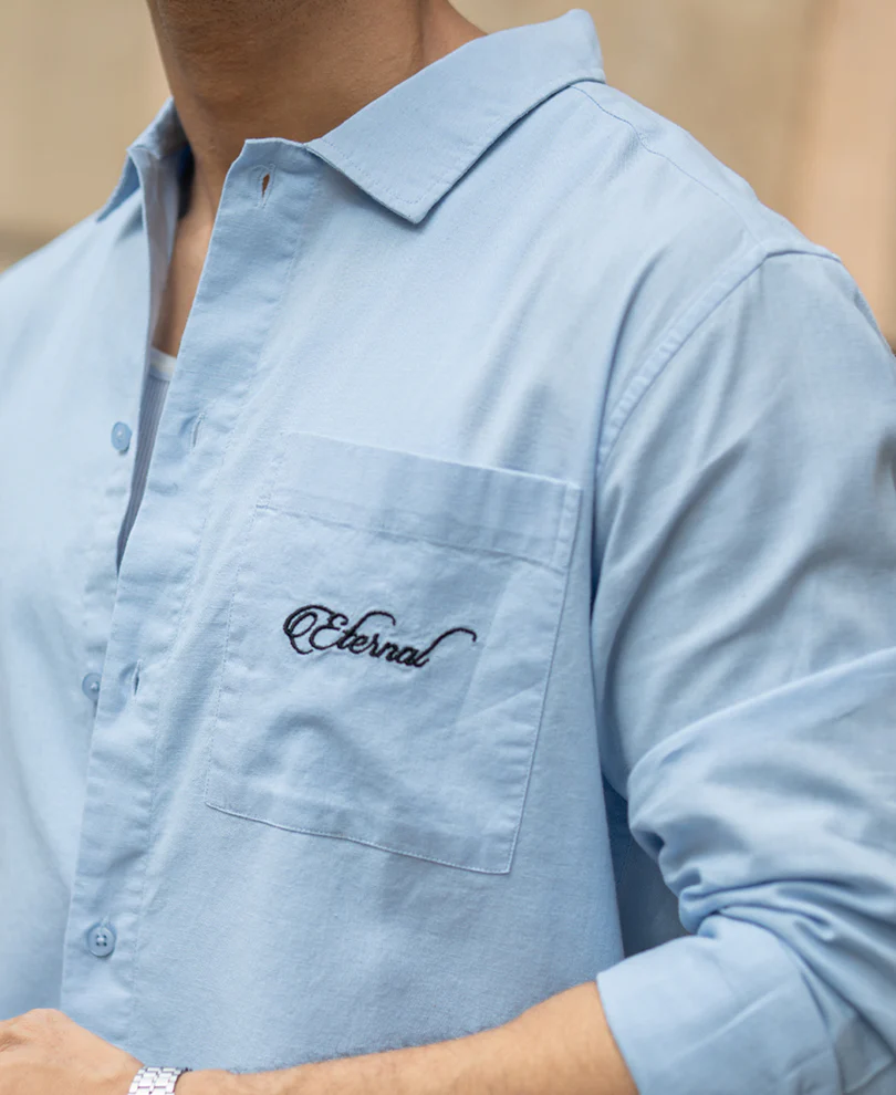 Blue Linen Blend Embroidered Shirt - Image 2