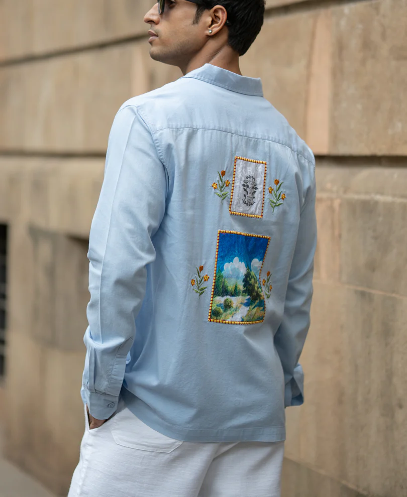 Blue Linen Blend Embroidered Shirt - Image 3