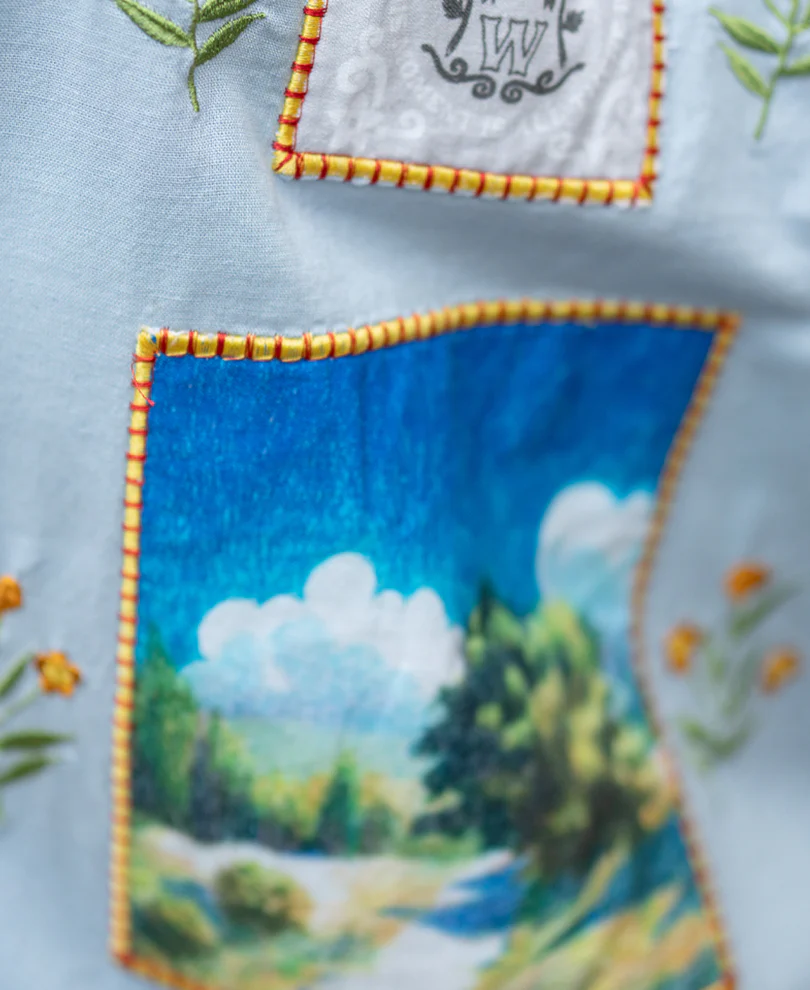 Blue Linen Blend Embroidered Shirt - Image 4