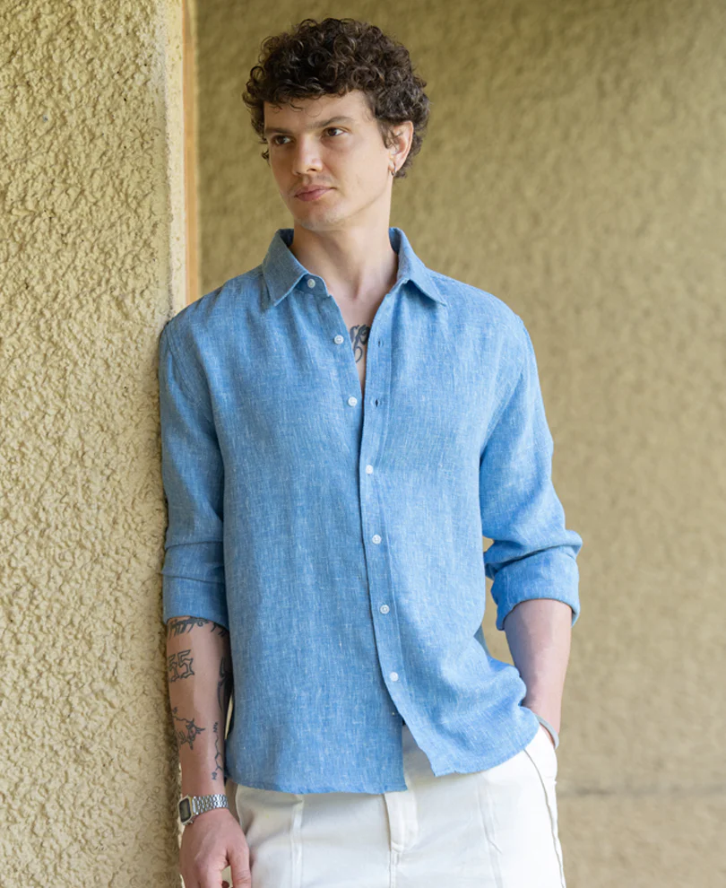 Blue Linen Blend Structured Shirt - Image 2