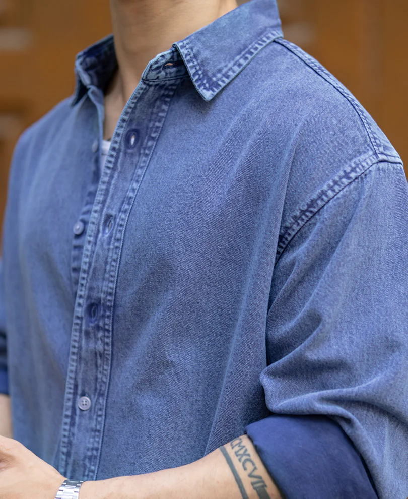 Blue Overdyed Twill Shirt 100% Cotton - Image 4