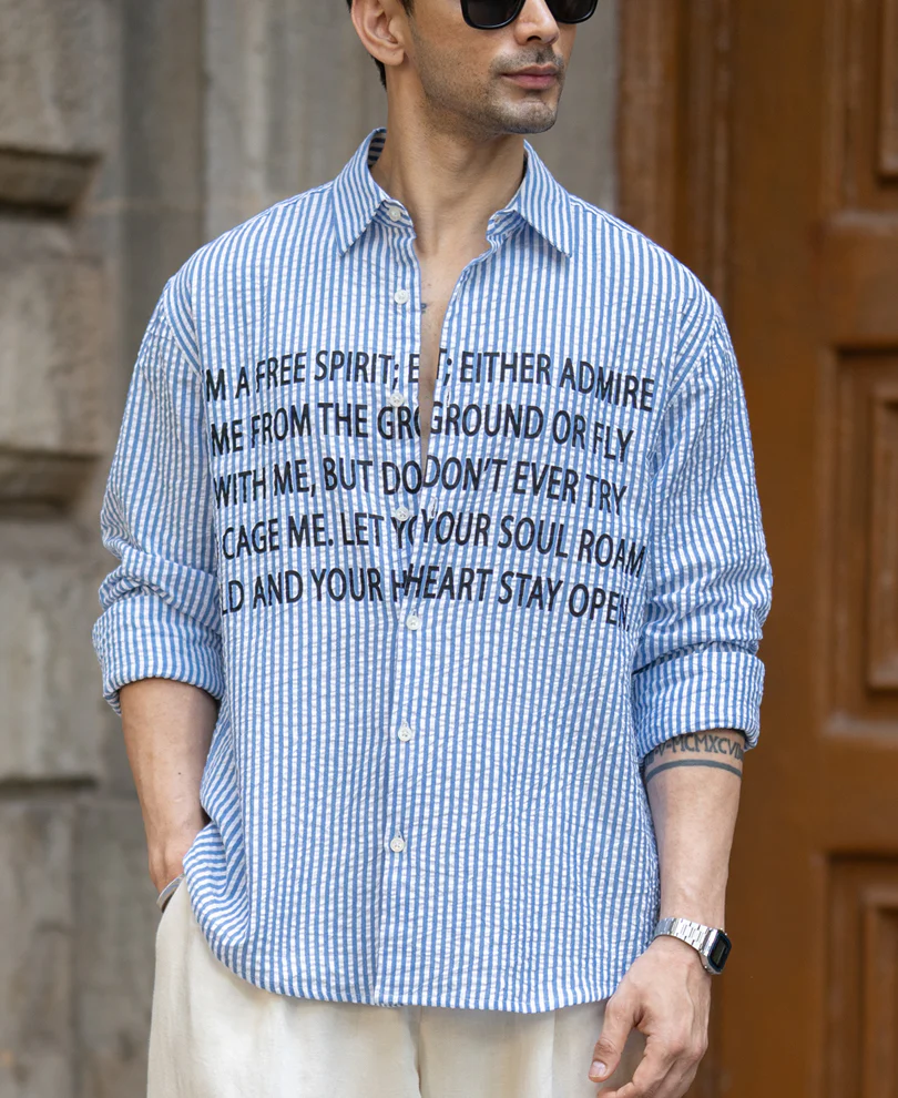 Blue Seersucker Printed Shirt 100% Cotton - Image 2