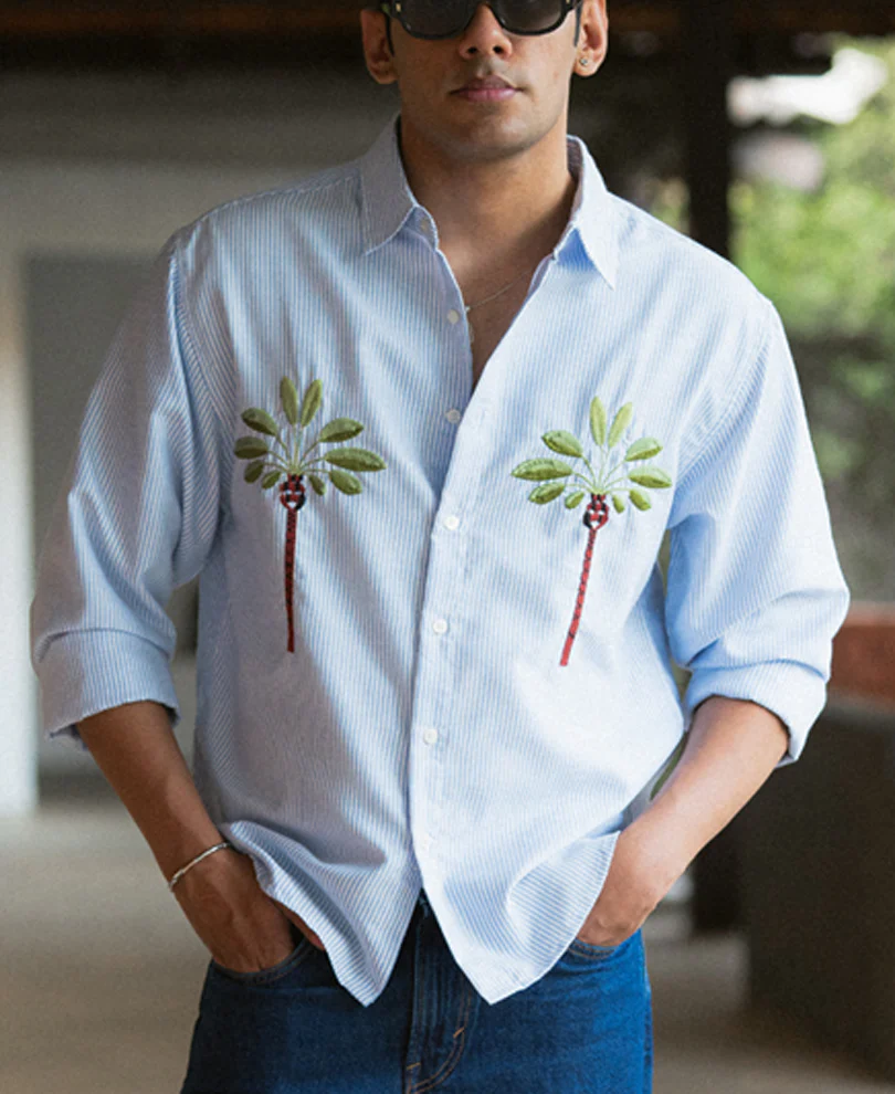Blue Stripe Palm Embroidery Shirt - Image 2