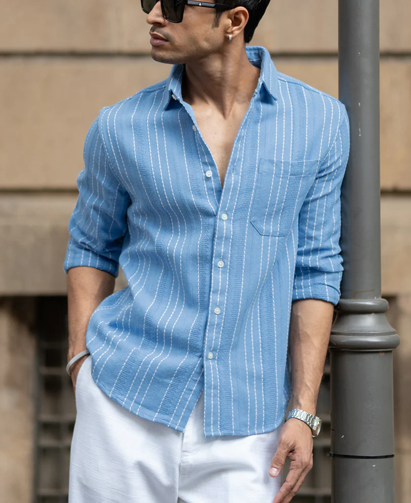 Blue Structured Striped Shirt - Image 2