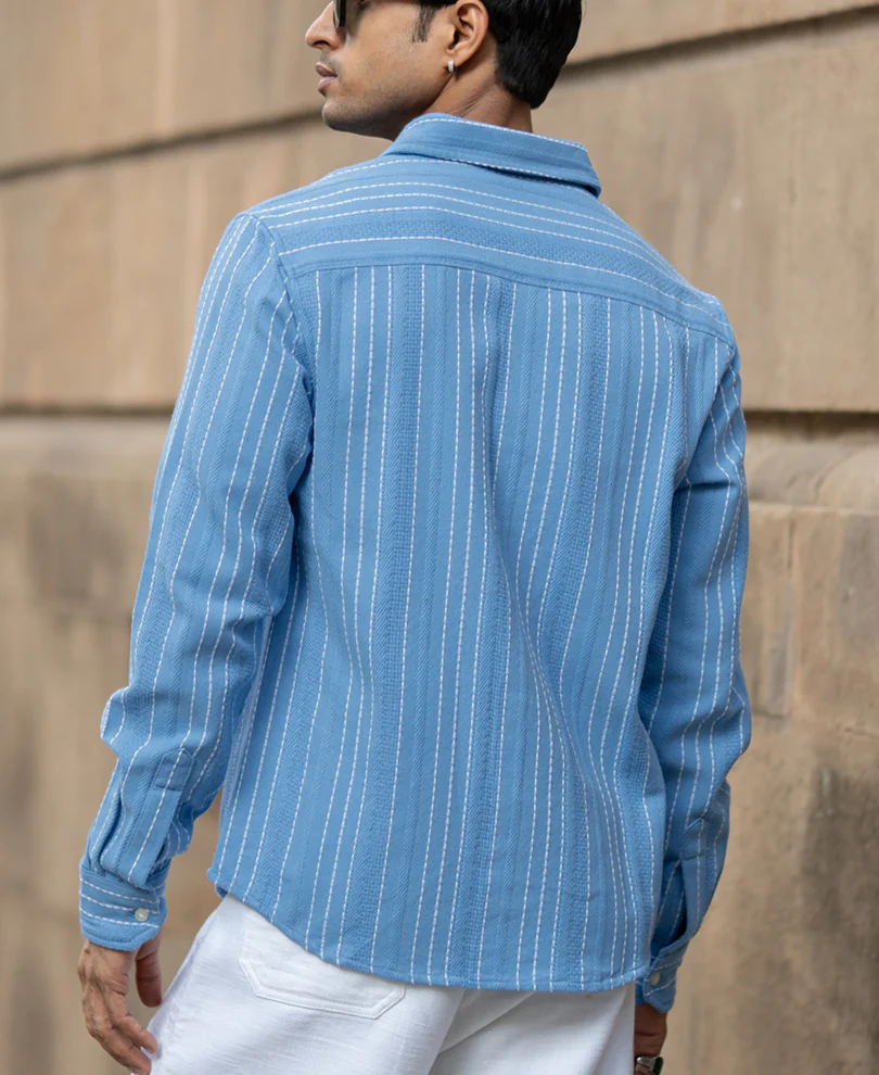 Blue Structured Striped Shirt - Image 5