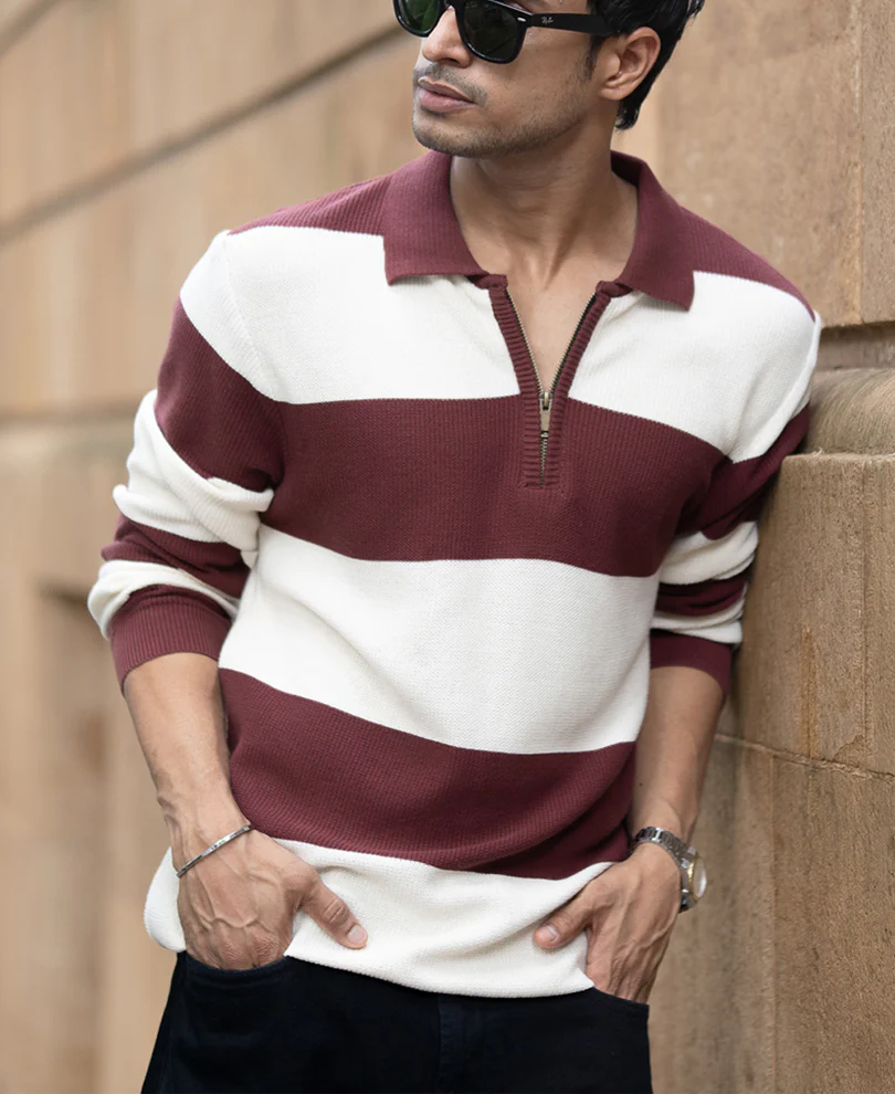 Brown Knit Striped Zipper T-Shirt 100% Cotton - Image 3