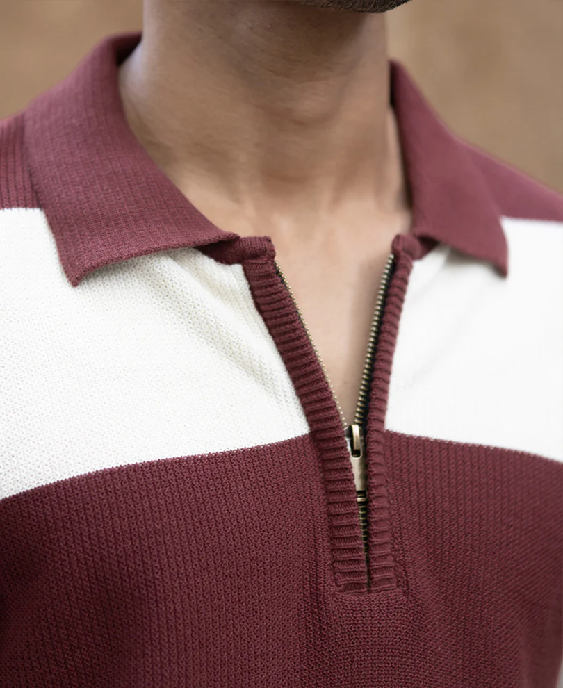 Brown Knit Striped Zipper T-Shirt 100% Cotton - Image 4