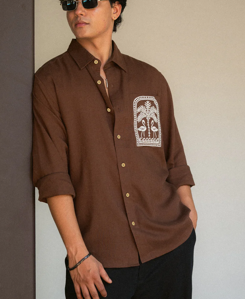 Brown Linen Blend Embroidery Shirt - Image 2