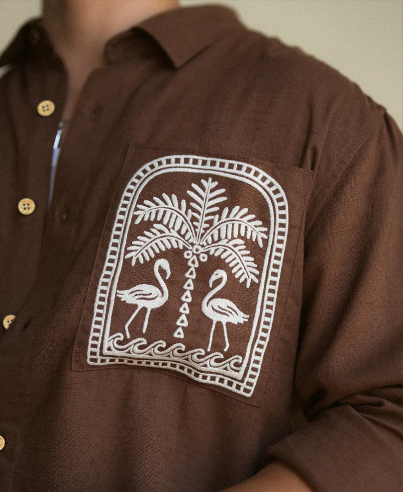 Brown Linen Blend Embroidery Shirt - Image 3