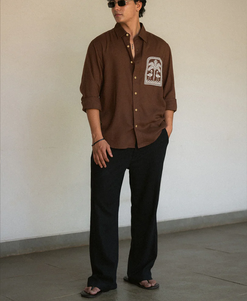 Brown Linen Blend Embroidery Shirt - Image 6