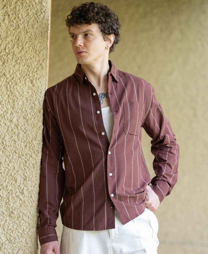 Brown Linen Blend Stripe Shirt - Image 3