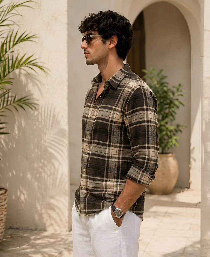 Brown & Off-White Structured Checks Shirt 100% Cotton - Image 2