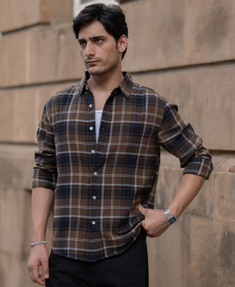Brown Structured Checks Shirt 100% Cotton - Image 3