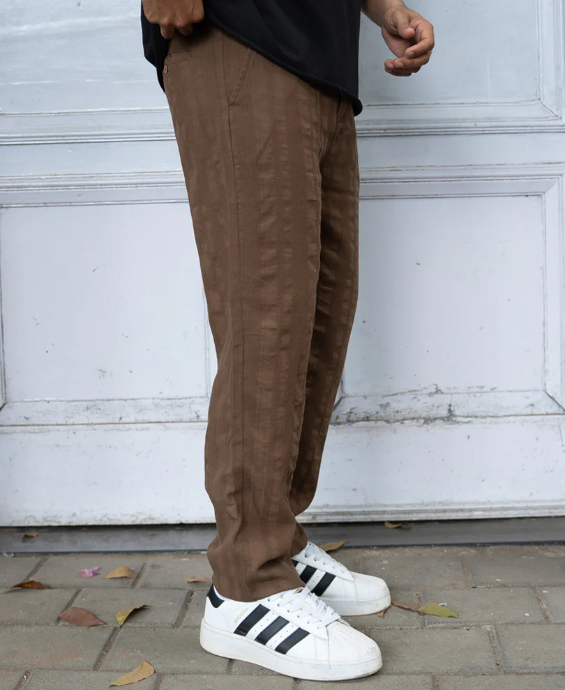 Brown Structured Pleated Cotton Trousers - Image 2